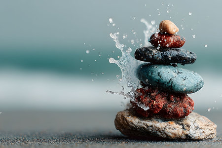 Stacked stones of varying colors and textures balance with a dynamic splash against a blurred ocean backdrop. the scene embodies themes of tranquility, balance, and natural harmony by the seaside. Generative AIの素材
