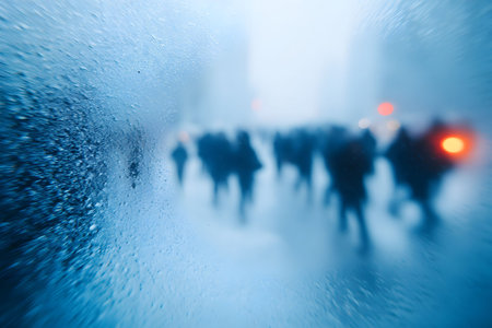 A frosted window creates a dynamic barrier in this ethereal cityscape. silhouetted figures move through a wintry urban street, their forms blurred, lending an atmospheric touch of mystery and solitude. Generative AIの素材
