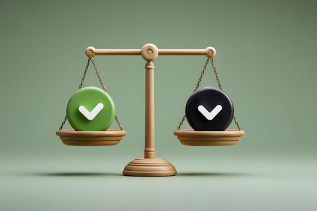 Wooden balance scale displaying contrasting green and black circular checkmark symbols. this image represents decision-making, agreement, balance, and comparison. suitable for themes related to choices and judgment. Generative AIの素材