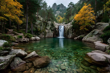 A serene waterfall flows into a crystal-clear pool surrounded by vibrant autumn foliage and towering pine trees. rugged mountain cliffs form a dramatic backdrop, enhancing the natural beauty of this pristine wilderness scene. Generative AIの素材