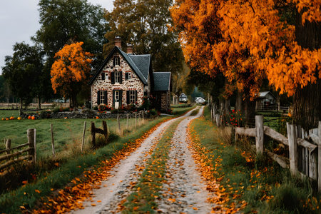 A picturesque countryside scene featuring a quaint rural cottage surrounded by vibrant autumn foliage. a dirt road blanketed with fallen leaves meanders through lush green fields, creating a serene and inviting seasonal atmosphere. Generative AIの素材