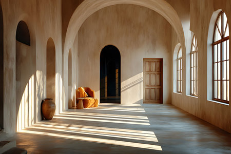 Elegant sunlit corridor featuring mediterranean architectural elements, including arched windows and doorways. an antique vase and an orange chair add warmth and character, enhancing the serene ambiance. Generative AIの素材