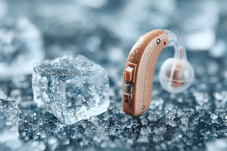 A detailed view of a hearing aid placed on icy surfaces, symbolizing cool technology and innovation. the droplets on the device highlight its resilience and modern design, merging health with advanced engineering. Generative AIの素材