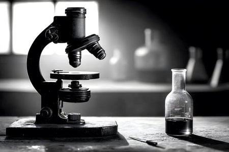 A monochrome scene featuring a vintage microscope alongside a beaker filled with liquid in a laboratory. the setting evokes a sense of historical scientific exploration and research in a classic lab environment. Generative AIの素材