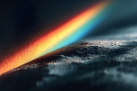 Dramatic display of rainbow light refracting across a textured surface, dynamic colors and textures. ideal for abstract photography, artistic projects, and creative design purposes. Generative AIの素材