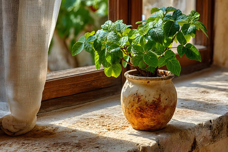 Sunlight bathes a lush potted plant resting on a rustic windowsill, its vibrant leaves. the cozy interior setting with natural light creates a serene and inviting atmosphere, ideal for home decor and botanical themes. Generative AIの素材