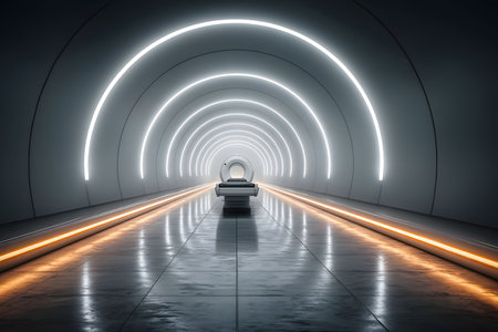 A sleek, illuminated tunnel with modern design elements features glowing curved arches. the symmetrical composition and reflective surfaces create a sense of depth, perfect for sci-fi, technology, and architectural themes. Generative AIの素材