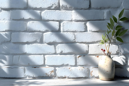 White brick wall with a rustic texture complements a ceramic vase holding green leaves and small flowers. the interplay of natural light and shadow creates a serene, minimalist atmosphere. ideal for design projects or interior inspiration. Generative AIの素材