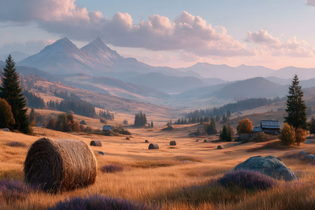 Scenic Mountain Valley Landscape with Hay Bales at Sunset Tranquil Nature for Posters and Prints Generative AIの素材