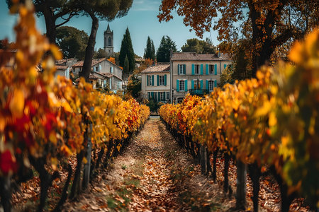 Picturesque Autumn Vineyard Pathway in a Charming Countryside Village Generative AIの素材