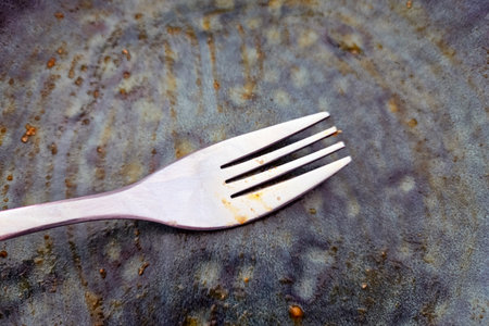 Empty Plate with Fork on Rustic Ceramic Surface for Design Conceptsの写真素材