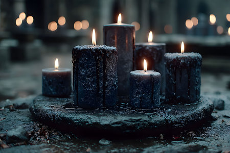 Gothic Ambiance with Dripping Black Candles in Dark Ritual Setting Generative AIの素材