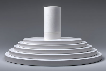 A sleek, minimalist white pedestal consisting of multiple circular tiers topped with a cylindrical column. ideal for showcasing products, art pieces, or design exhibitions in a modern, professional setting. Generative AIの素材