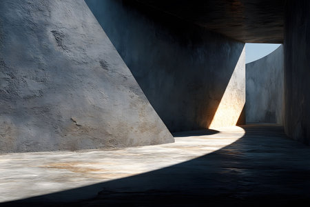 Modern architecture features a corridor with smooth, curved concrete walls. natural light casts dramatic shadows, the texture and creating a dynamic play of light and shadow in this minimalist space. Generative AIの素材