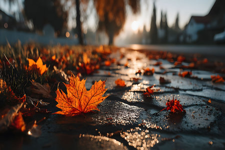 Dew-kissed autumn leaves lie scattered on a sunlit urban street, illuminated by the warm glow of early morning light. the misty atmosphere and silhouetted trees add to the serene, seasonal ambiance of the scene. Generative AIの素材