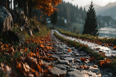 A serene cobblestone pathway winds through a forested countryside, adorned with vibrant autumn leaves. the tranquil landscape features rolling hills and distant pine trees, creating a picturesque scene perfect for autumn-themed designs. Generative AIの素材