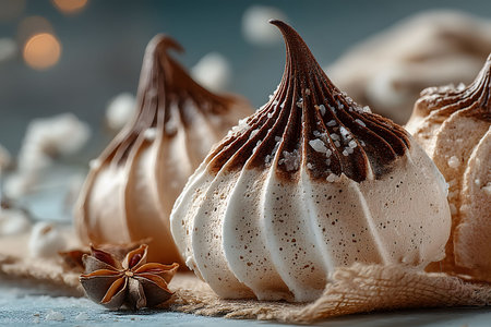 Delicate chocolate-topped meringues displayed on a textured surface, accented with star anise. perfect for culinary projects and dessert-themed designs, elegance and gourmet flavors against a warm, blurred backdrop. Generative AIの素材