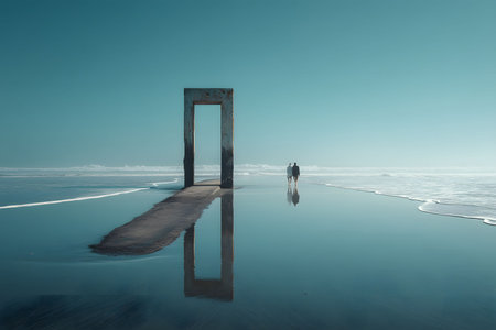 Surreal Beach Scene with a Doorway to Infinity and Reflections Generative AIの素材