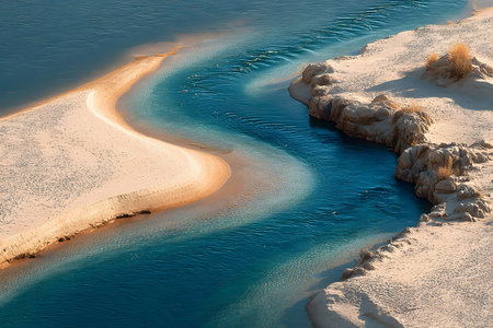 Serene Desert Oasis with Winding River and White Sand Dunes for Nature and Travel Design Generative AIの素材