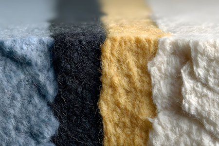 Textured Wool Sweater Fabric Close-Up in Blue, Black, Yellow, White Cozy Design for Textile Enthusiasts Generative AIの素材