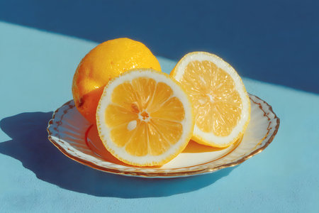 Fresh Lemon Slices on a Sunny Blue Background for Summer Refreshment Concepts Generative AIの素材