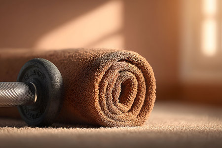 Fitness and Relaxation Concept: Dumbbell and Rolled Towel in Sunlit Home Gym Scene Generative AIの素材
