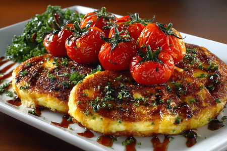 Delicious Gourmet Dish with Pan-Seared Fritters and Glazed Cherry Tomatoes for Culinary Inspirations Generative AIの素材