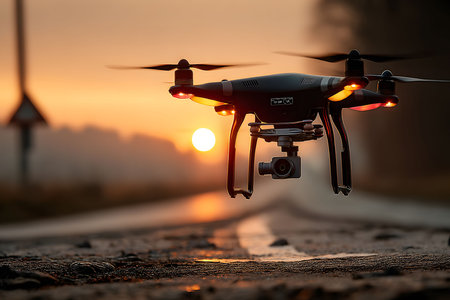 Drone at Sunrise on Rural Road - Perfect for Tech and Travel Themes Generative AIの素材