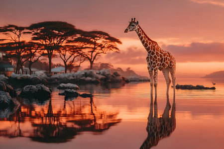 Tranquil Sunset Giraffe in Water Reflections for Wildlife Photography and Nature Art Prints Generative AIの素材