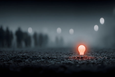 Symbolic Light Bulb in Focus Amid Blurred Evening Crowd - Conceptual Imagery for Creativity and Innovation Generative AIの素材