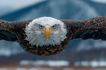 Majestic Bald Eagle in Flight Over Snowy Mountain Landscape for Wildlife Photography Generative AIの素材