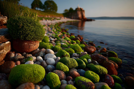Serene Coastal Landscape with Moss-Covered Rocks at Sunset for Nature Posters Generative AIの素材