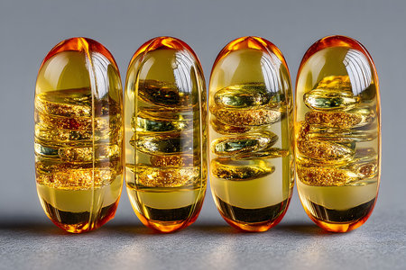 Close-Up of Golden Gel Capsules with Liquid and Air Bubbles for Medical and Supplement Use Generative AIの素材