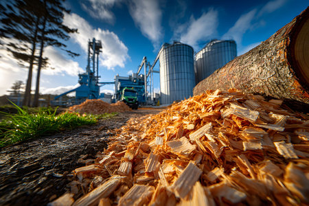 Sustainable Wood Processing at Modern Sawmill with Silos and Machinery Under Blue Sky Generative AIの素材