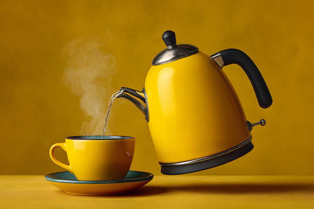 Yellow Tea Set with Steaming Kettle and Cup on Vibrant Background Generative AIの素材