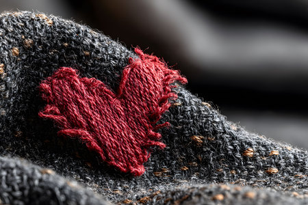 Red Heart Embroidery on Gray Fabric Texture for Craft Design Generative AIの素材