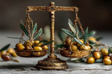 Vintage Brass Scale Balancing Olives and Olive Leaves in Rustic Setting Generative AIの素材
