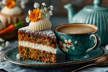 Rustic Carrot Cake Slice with Floral Decor and Coffee Set for Cozy Gatherings Generative AIの素材