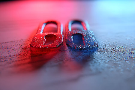 Reflective Red and Blue Padlocks in Artistic Light for Security Theme Design Generative AIの素材