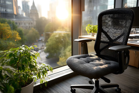 Modern Office Chair by Window with Urban Cityscape and Sunlit View Generative AIの素材