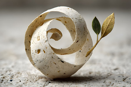 Organic Spiral Shell with Leaves on Textured Surface - Nature Art Concept for Decor Generative AIの素材