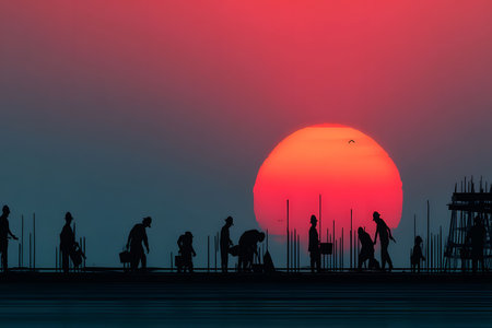 Construction Workers Silhouetted Against Vibrant Sunset Sky for Urban Landscape Design Generative AIの素材