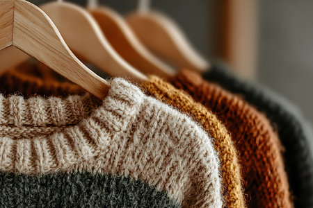 Cozy Knit Sweaters on Wooden Hangers in Warm, Earthy Tones for Autumn Fashion and Design Generative AIの素材