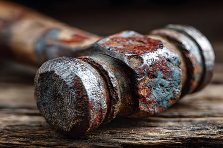 Close-Up of a Rusted Hammer Head on Wooden Surface for Industrial Design Generative AIの素材