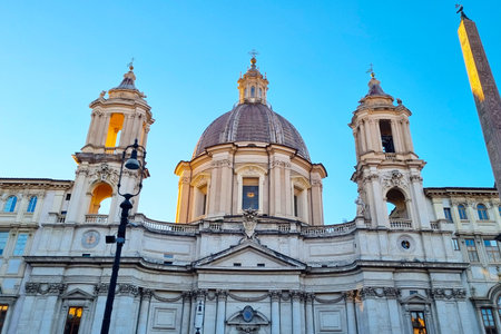 Rome, Italy, December 28, 2025: Architectural Marvel at Sunrise: Historic Basilica in Piazza Navona, Rome for Travel and Designのeditorial素材