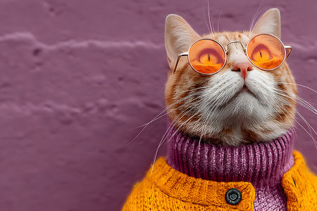 A fashionable orange tabby cat wears stylish round sunglasses and a vibrant orange sweater, set against a textured purple wall. the image combines elements of humor and contemporary pet fashion, reflecting a trendy and playful style. Generative AIの素材