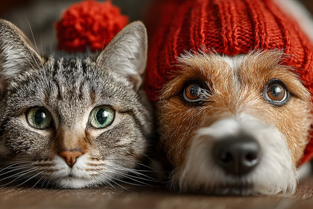 A close-up of an adorable tabby cat and a scruffy dog lying together, both wearing red knitted hats with pom-poms. the warm colors and cozy attire evoke a festive and heartwarming winter holiday scene. Generative AIの素材