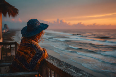 A woman in a blue hat peacefully gazes at a vibrant sunset over the ocean, wrapped in a warm blanket. the scene evokes tranquility and reflection, perfect for themes of relaxation, solitude, and coastal living. Generative AIの素材