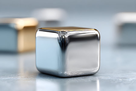 A shiny metallic cube with a flawless surface displayed on a reflective background, showcasing modern minimalist abstract art. soft focus on surrounding cubes enhances the sleek, contemporary design emphasizing the elegance of geometry. Generative AIの素材