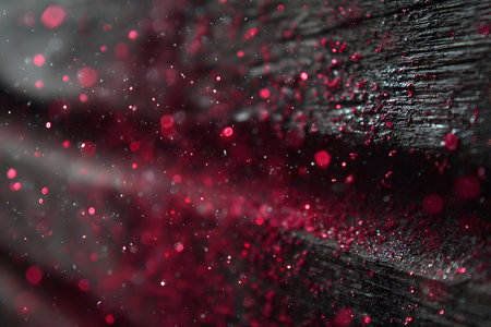 Dark textured surface highlighted by scattered red sparkles, creating a vibrant abstract background. suitable for creative design projects, posters, or print material, offering a striking visual impact. Generative AIの素材